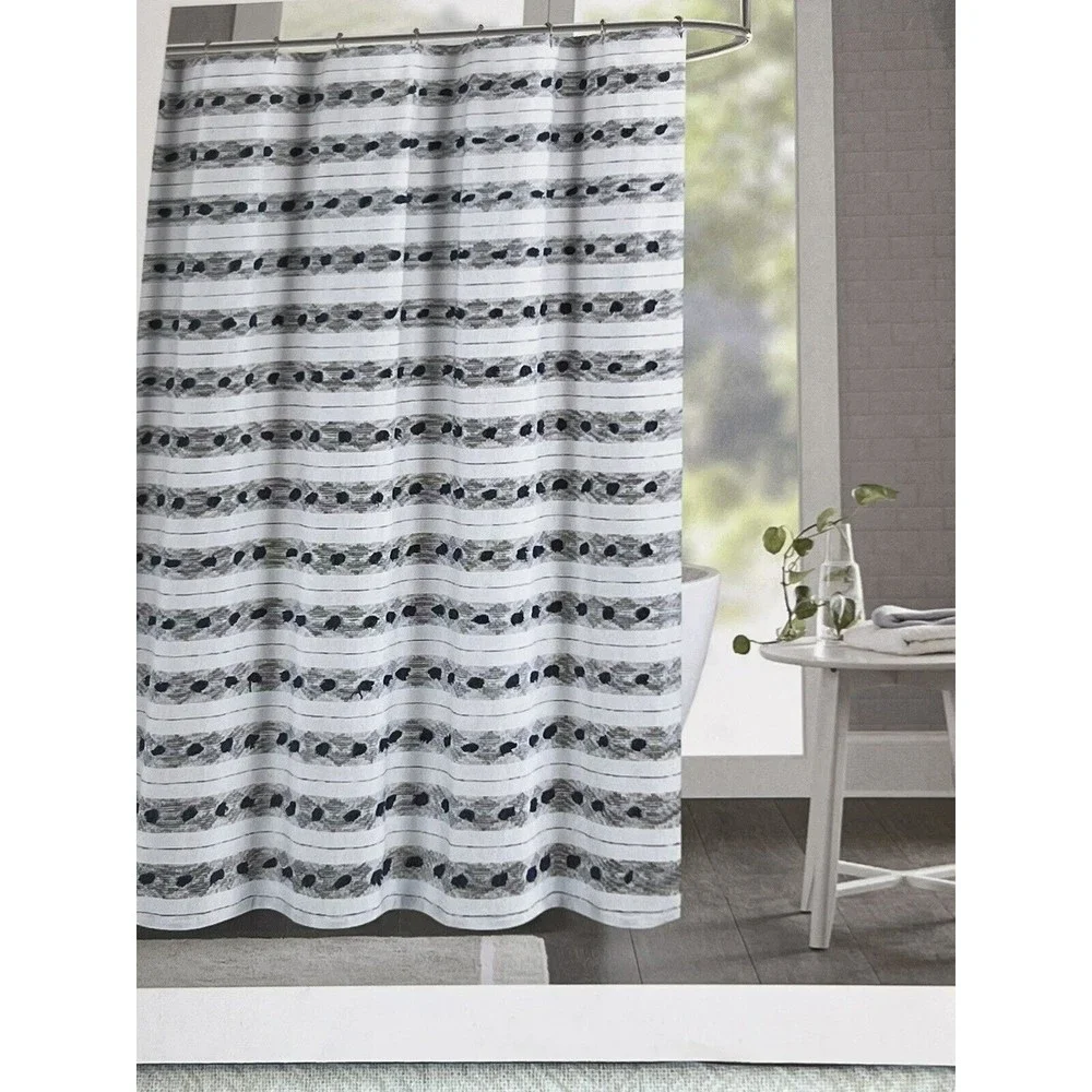 The Pure Collection Fabric Shower Curtain Textured Blue Tufts Stripes Cotton New